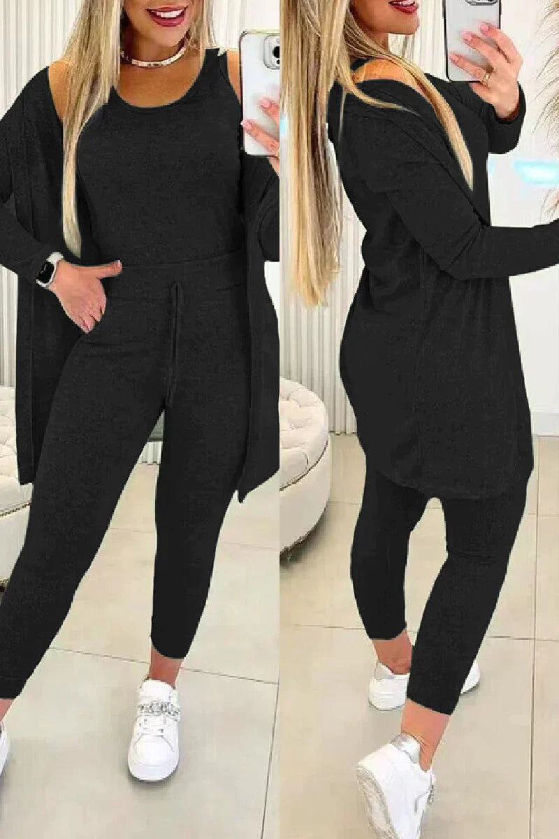 Lux Knit Three Piece Cardigan Tank Leggings Set For Women Signature