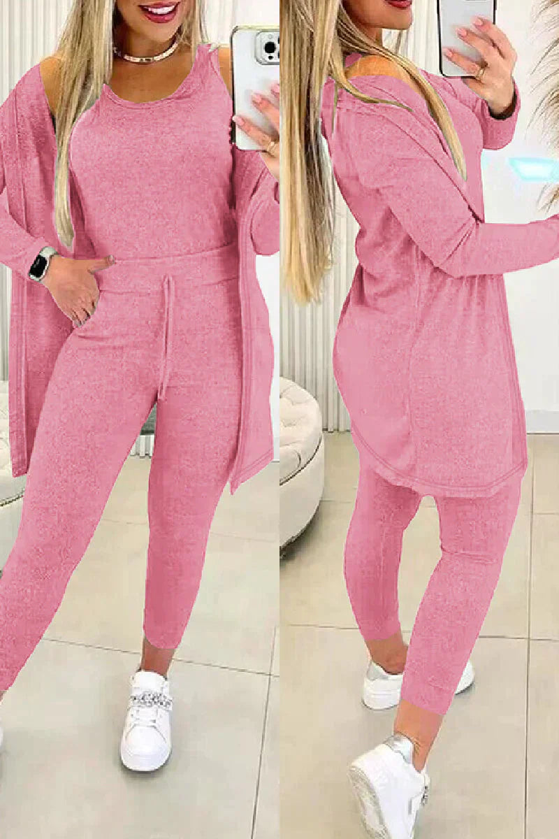 Lux Knit Three Piece Cardigan Tank Leggings Set For Women Signature