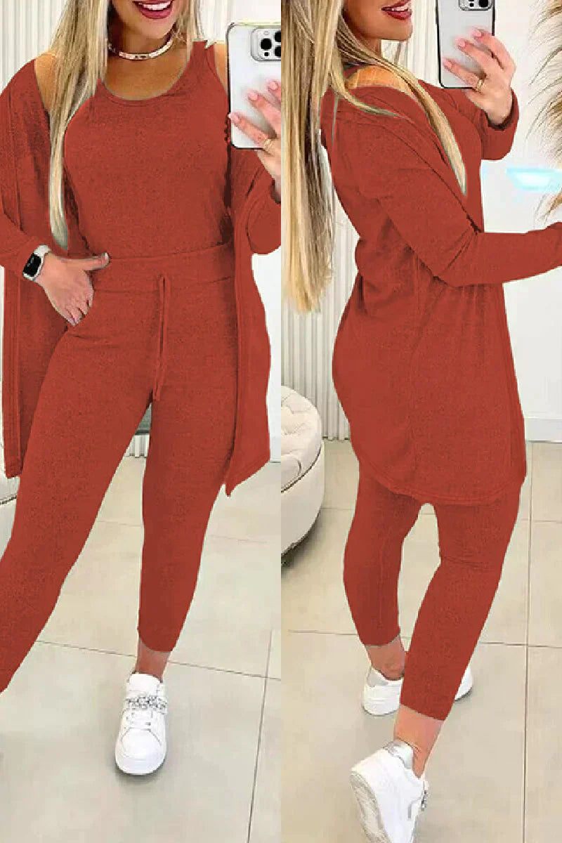 Lux Knit Three Piece Cardigan Tank Leggings Set For Women Signature
