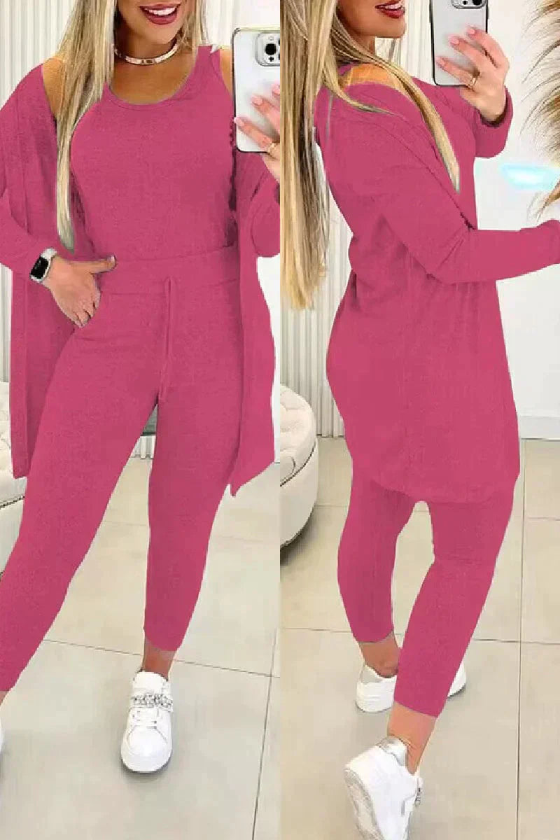 Lux Knit Three Piece Cardigan Tank Leggings Set For Women Signature
