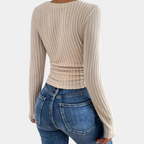 Womens Ribbed Knit V Neck Slim Long Sleeve Top Premium Collection Exclusive