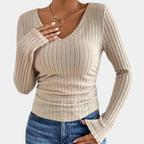 Womens Ribbed Knit V Neck Slim Long Sleeve Top Premium Collection Exclusive
