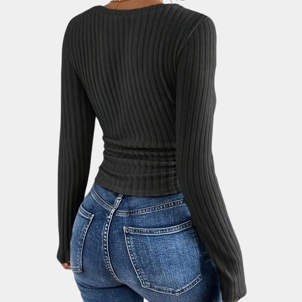 Womens Ribbed Knit V Neck Slim Long Sleeve Top Premium Collection Exclusive