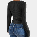 Womens Ribbed Knit V Neck Slim Long Sleeve Top Premium Collection Exclusive