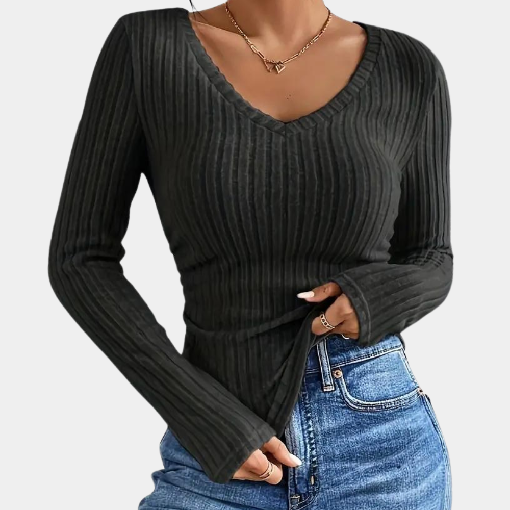 Womens Ribbed Knit V Neck Slim Long Sleeve Top Premium Collection Exclusive