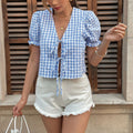 Blue Checkered Puff Sleeve Crop Top Tie Front Exclusive Everyday Wear