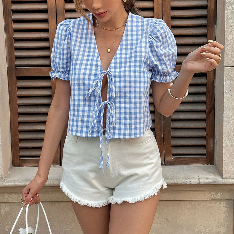Blue Checkered Puff Sleeve Crop Top Tie Front Exclusive Everyday Wear