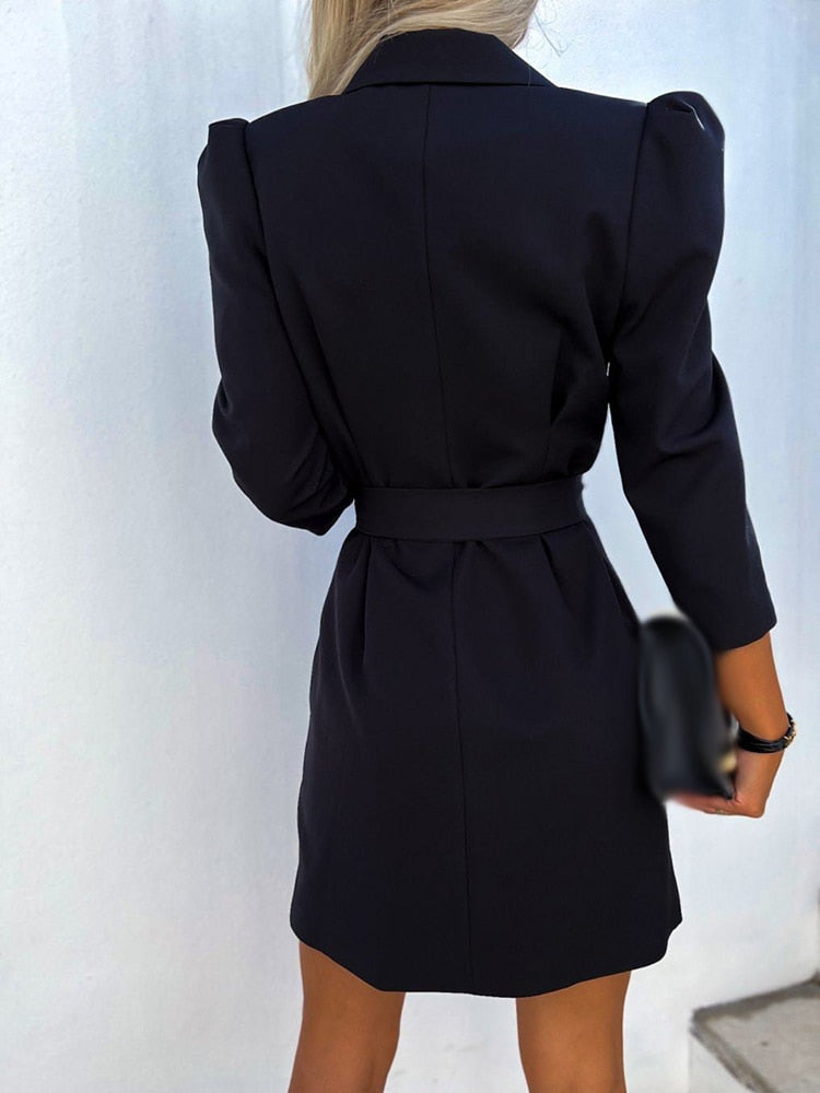 Refined Wool Crepe Blazer Dress Puff Sleeve Double Breasted Limited