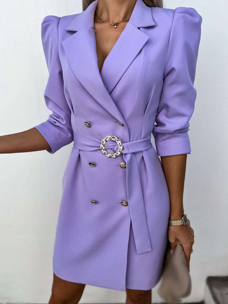 Refined Wool Crepe Blazer Dress Puff Sleeve Double Breasted Limited