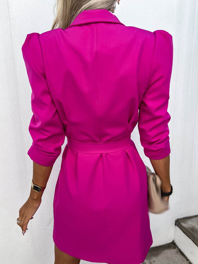 Refined Wool Crepe Blazer Dress Puff Sleeve Double Breasted Limited