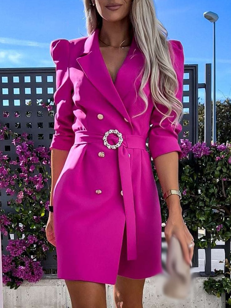 Refined Wool Crepe Blazer Dress Puff Sleeve Double Breasted Limited