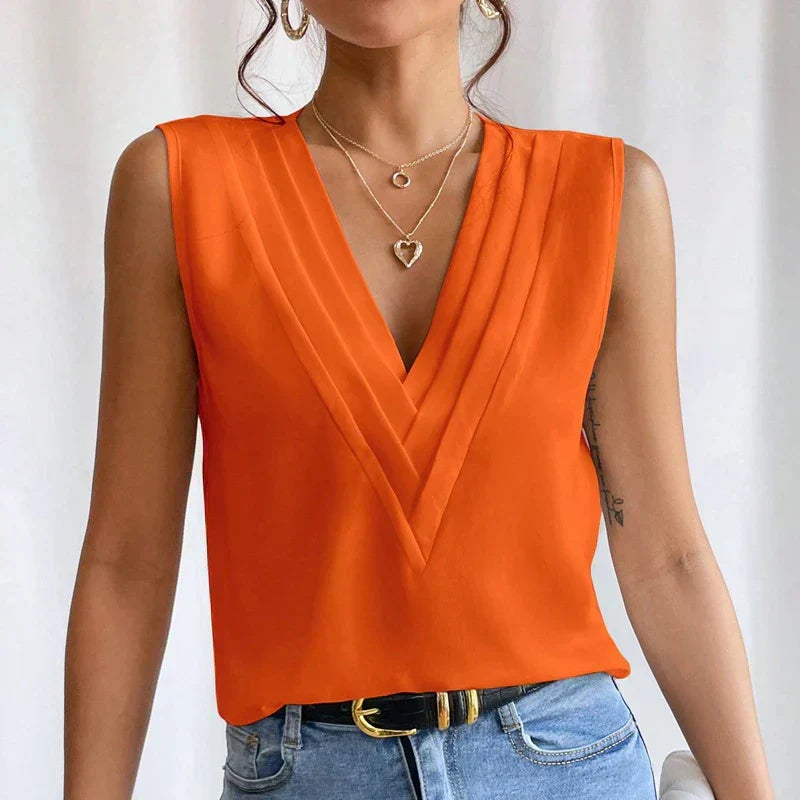 White Sleeveless V Neck Pleated Top Luxe Collection Exclusive