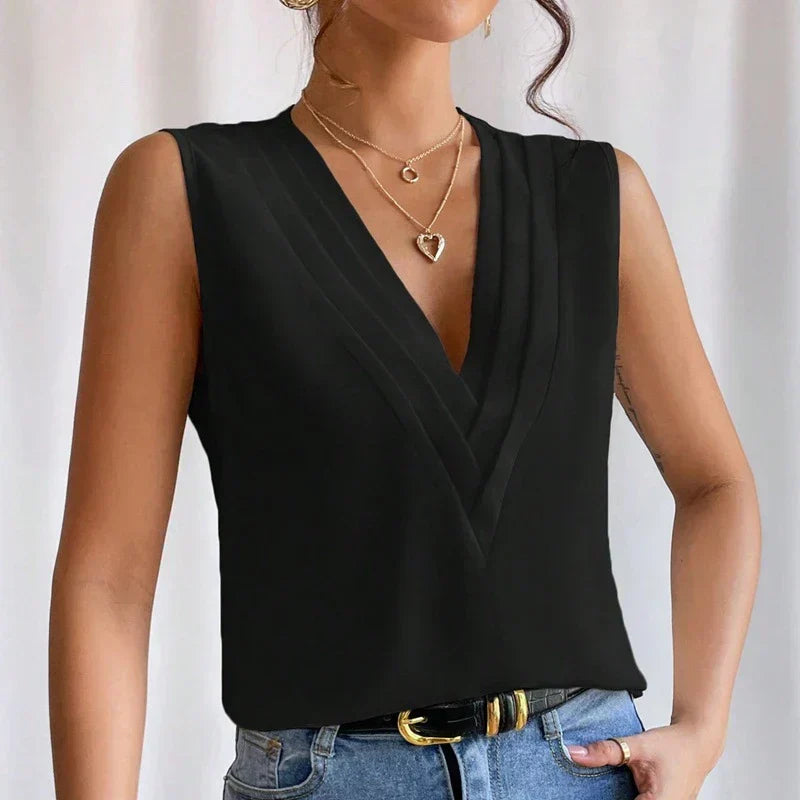 White Sleeveless V Neck Pleated Top Luxe Collection Exclusive