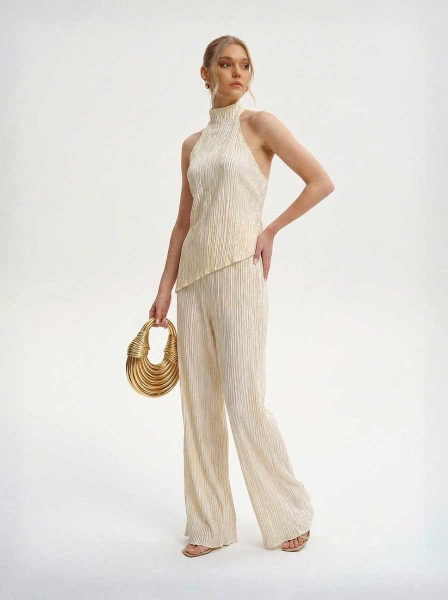 Pleated Fabric Asymmetric Top And Trouser Set Limited Edition Boutique