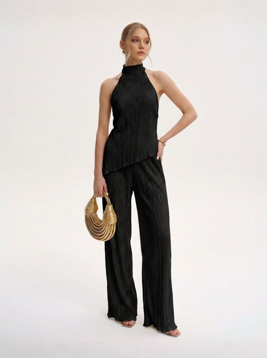 Pleated Fabric Asymmetric Top And Trouser Set Limited Edition Boutique
