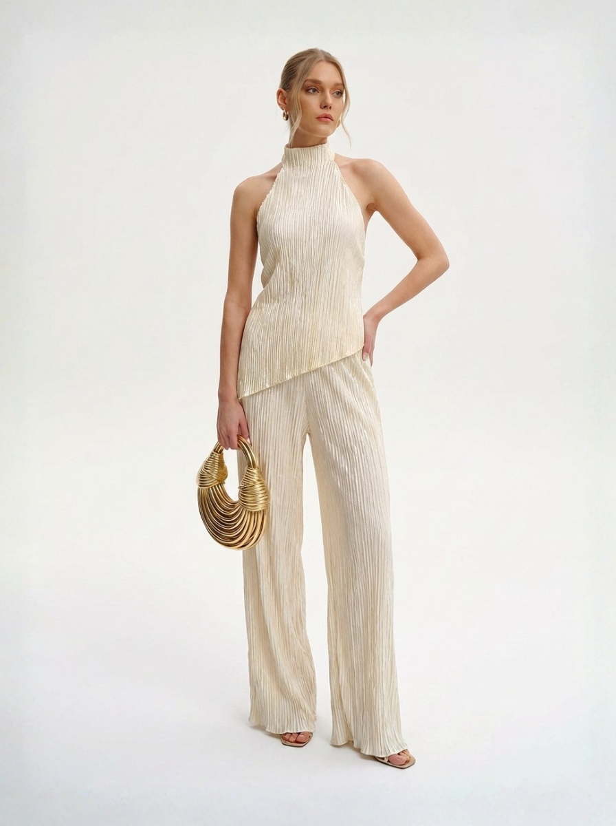 Pleated Fabric Asymmetric Top And Trouser Set Limited Edition Boutique