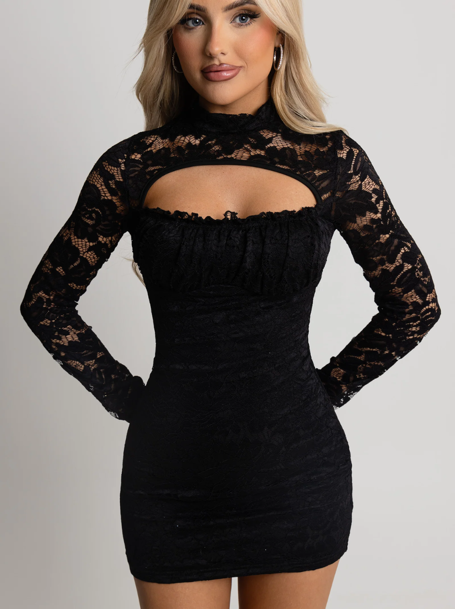 Lace Long Sleeve Mini Dress Floral Lace Overlay Eveningwear Limited Edition