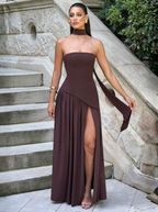 Brown Strapless Maxi Dress Silk Blend Evening Collection Limited Edition