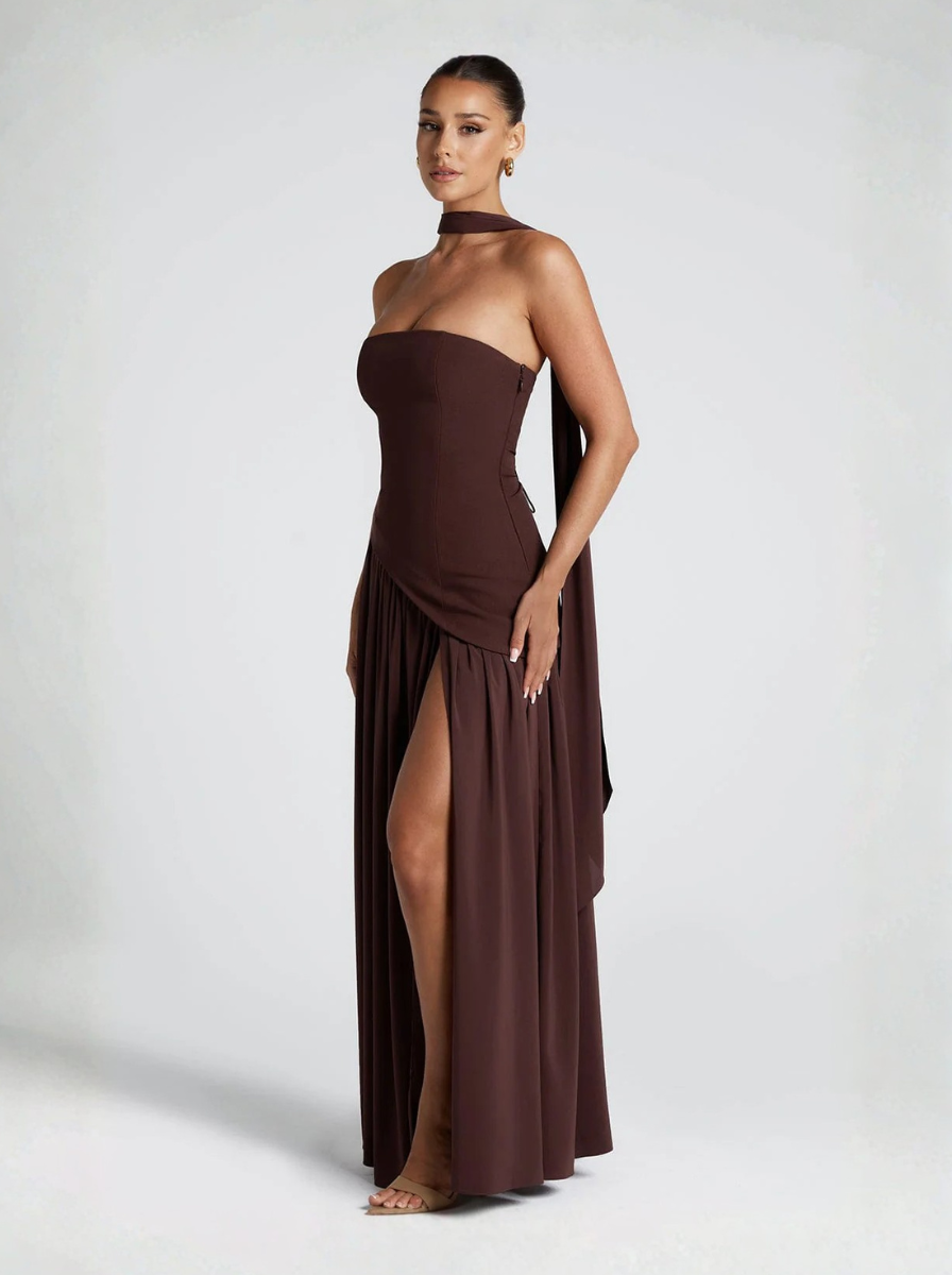 Brown Strapless Maxi Dress Silk Blend Evening Collection Limited Edition
