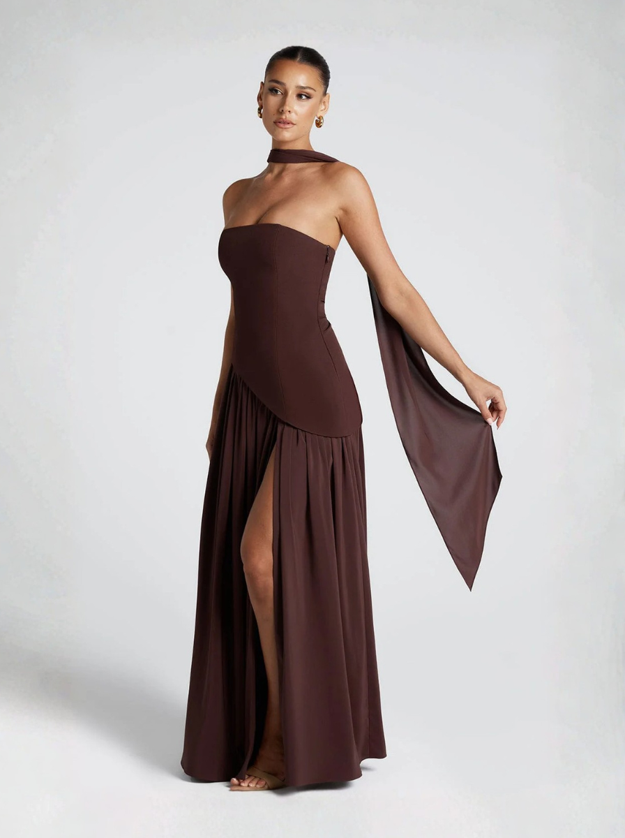 Brown Strapless Maxi Dress Silk Blend Evening Collection Limited Edition