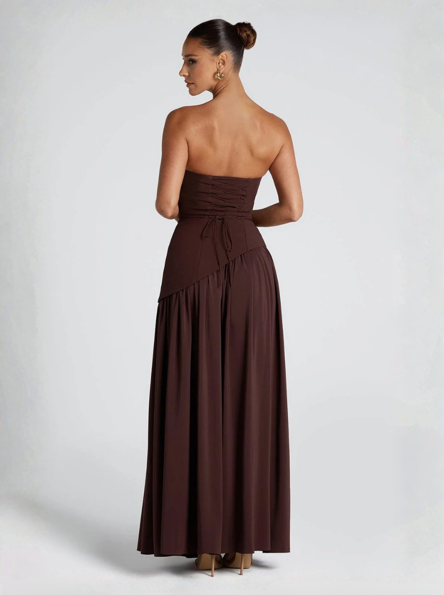 Brown Strapless Maxi Dress Silk Blend Evening Collection Limited Edition