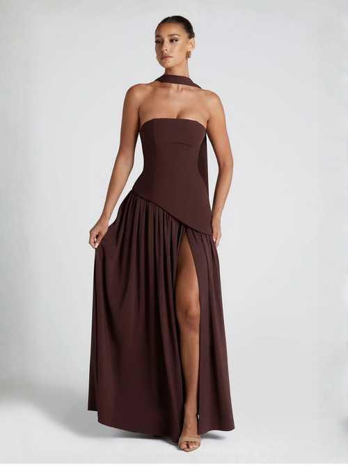 Brown Strapless Maxi Dress Silk Blend Evening Collection Limited Edition