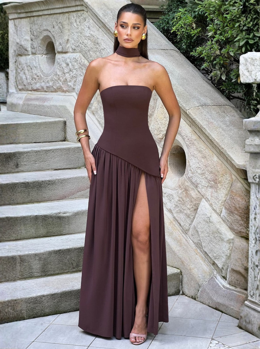 Brown Strapless Maxi Dress Silk Blend Evening Collection Limited Edition