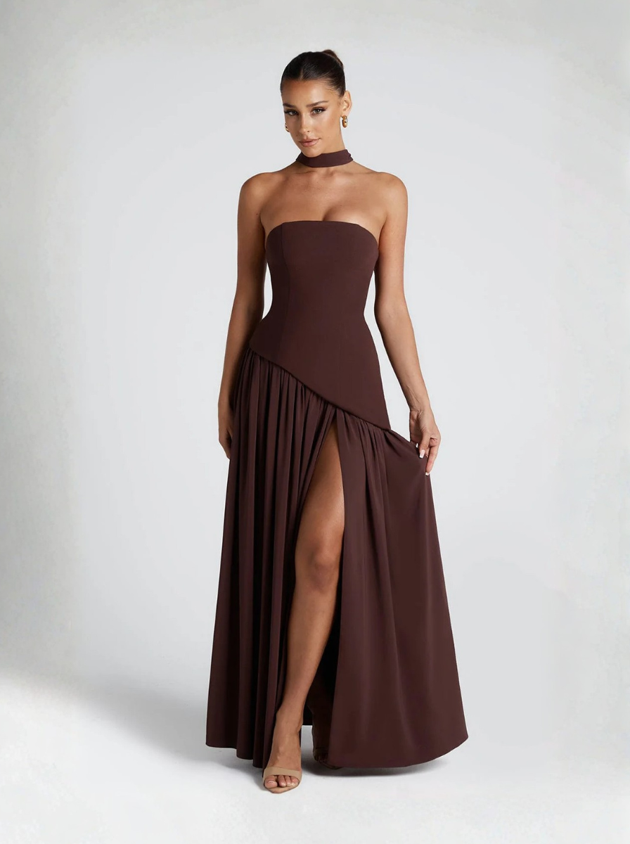 Brown Strapless Maxi Dress Silk Blend Evening Collection Limited Edition