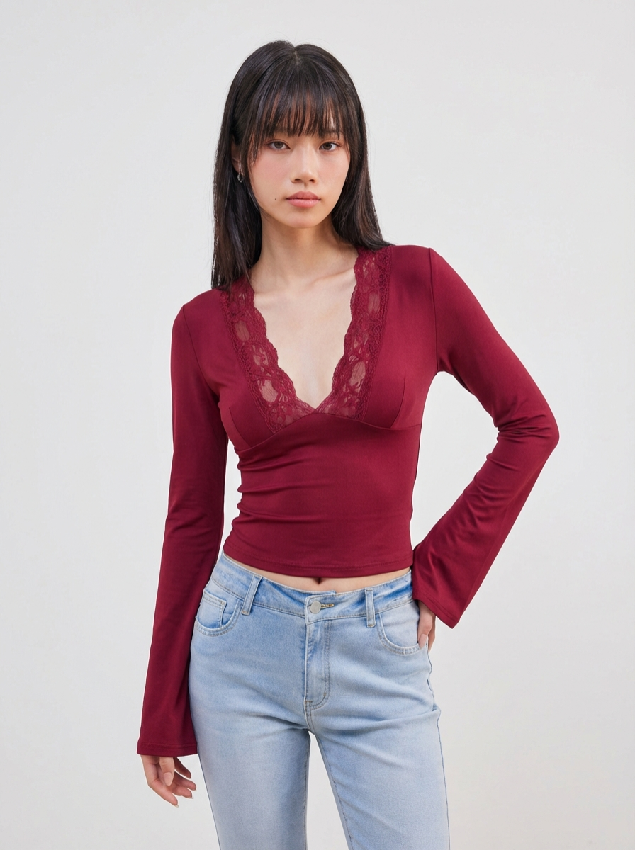 Burgundy Lace Crop Top Long Sleeve Seventies Luxe Collection Limited Edition