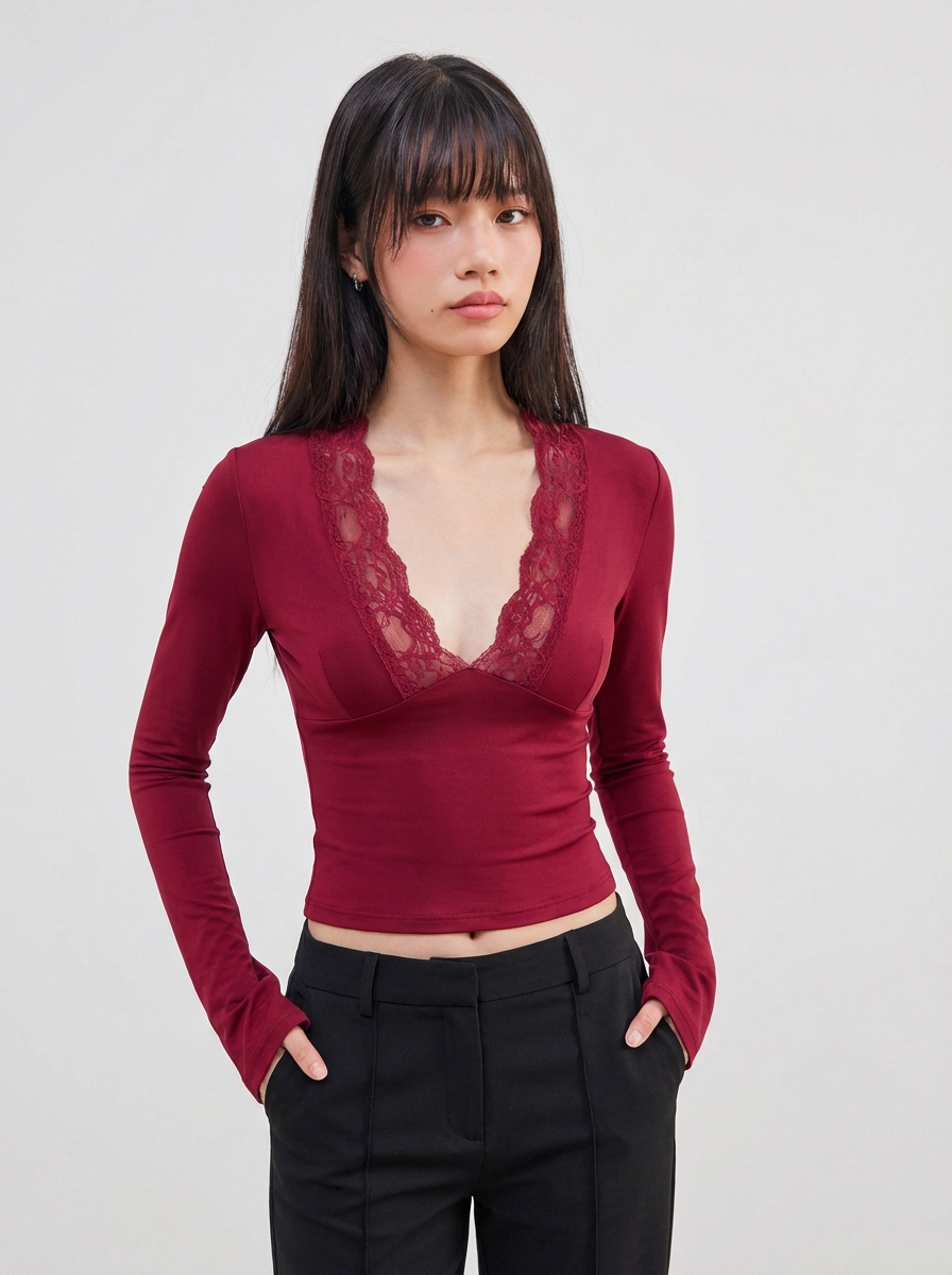 Burgundy Lace Crop Top Long Sleeve Seventies Luxe Collection Limited Edition