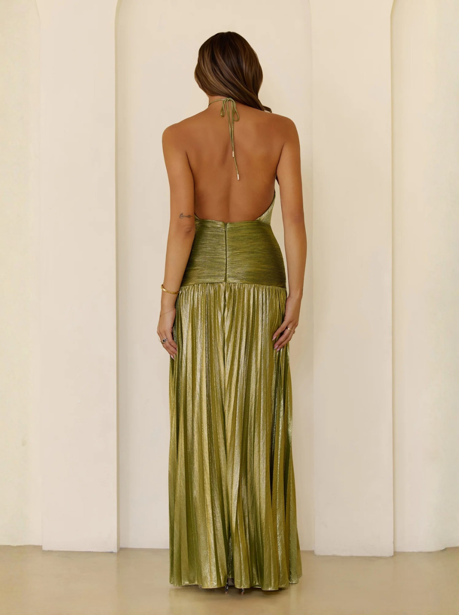 Emily Metallic Pleated Halter Maxi Dress From Luxe Collection Limited Release