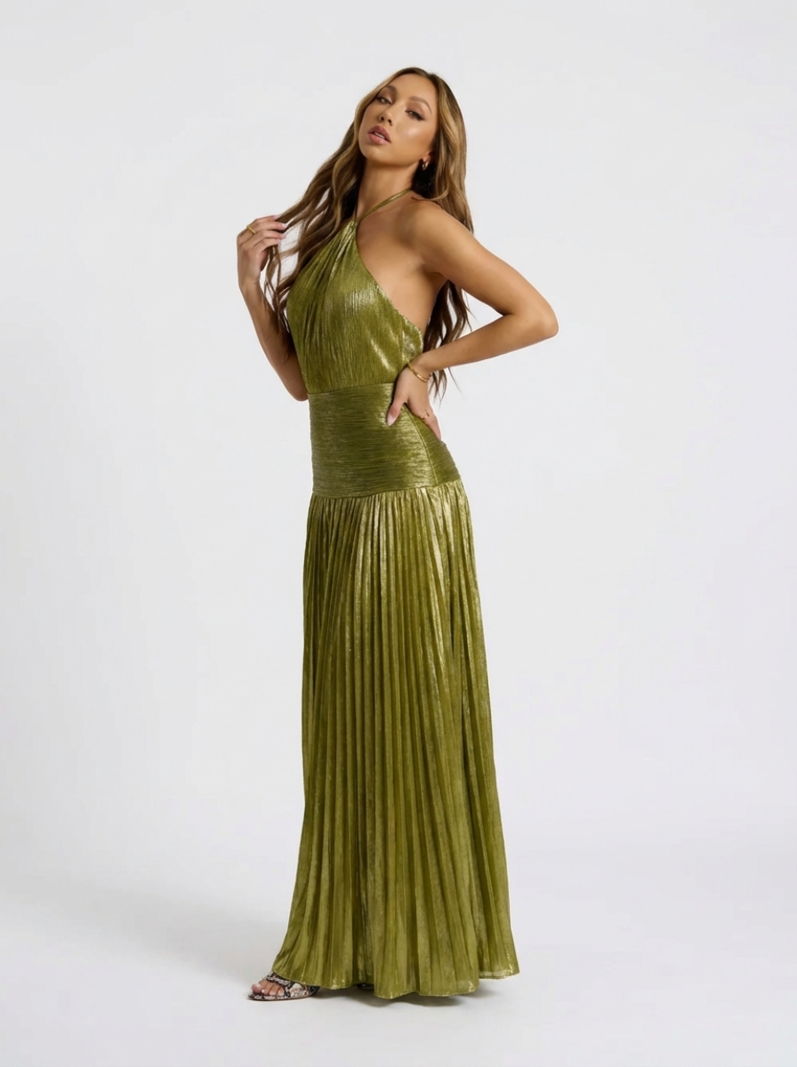 Emily Metallic Pleated Halter Maxi Dress From Luxe Collection Limited Release