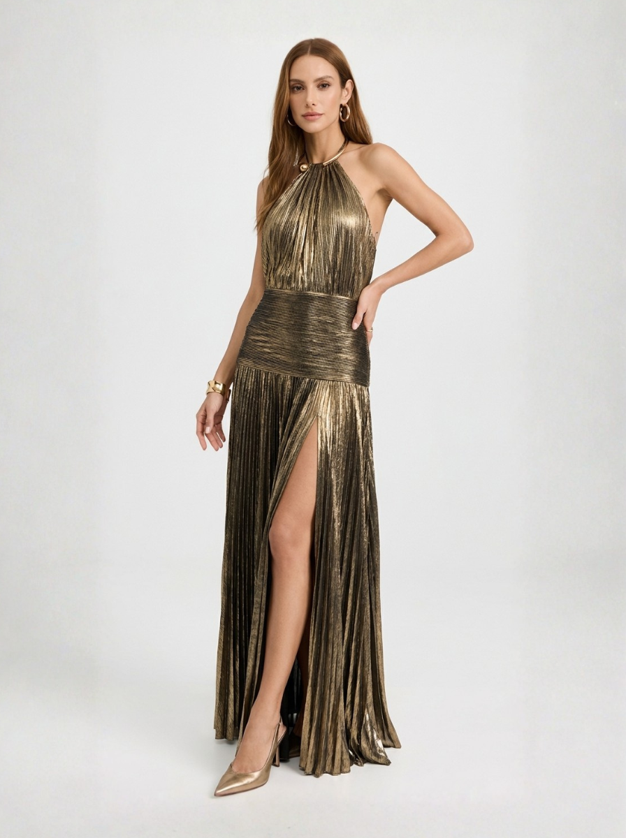 Emily Metallic Pleated Halter Maxi Dress From Luxe Collection Limited Release