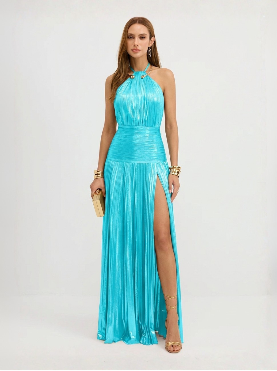 Emily Metallic Pleated Halter Maxi Dress From Luxe Collection Limited Release