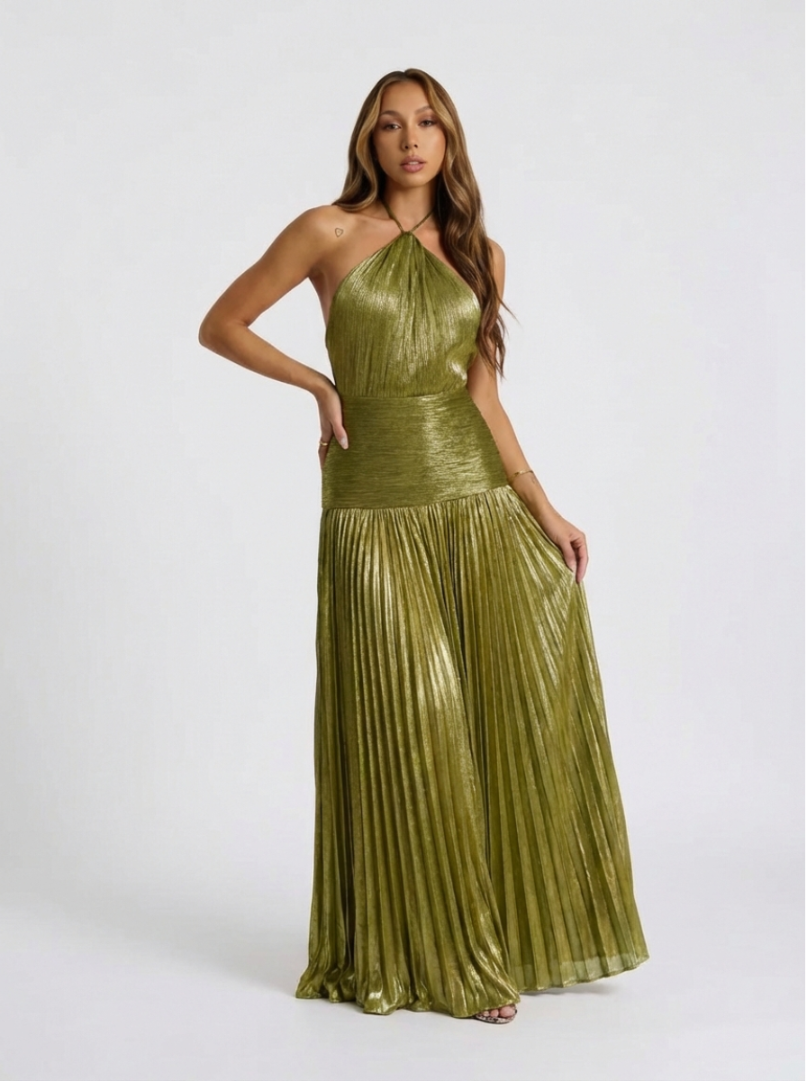 Emily Metallic Pleated Halter Maxi Dress From Luxe Collection Limited Release