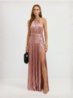 Emily Metallic Pleated Halter Maxi Dress From Luxe Collection Limited Release