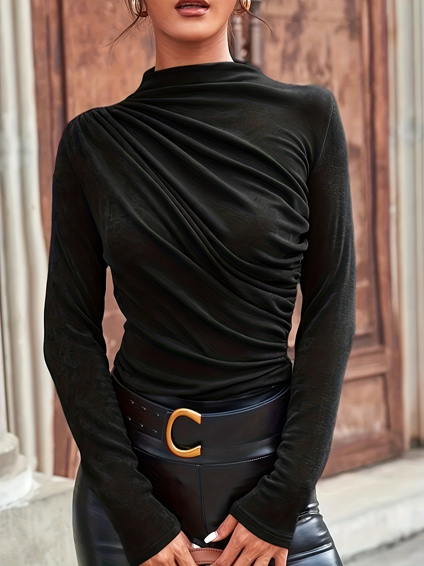 Elijah Ruched Mock Neck Long Sleeve Top Polyester Blend Edition