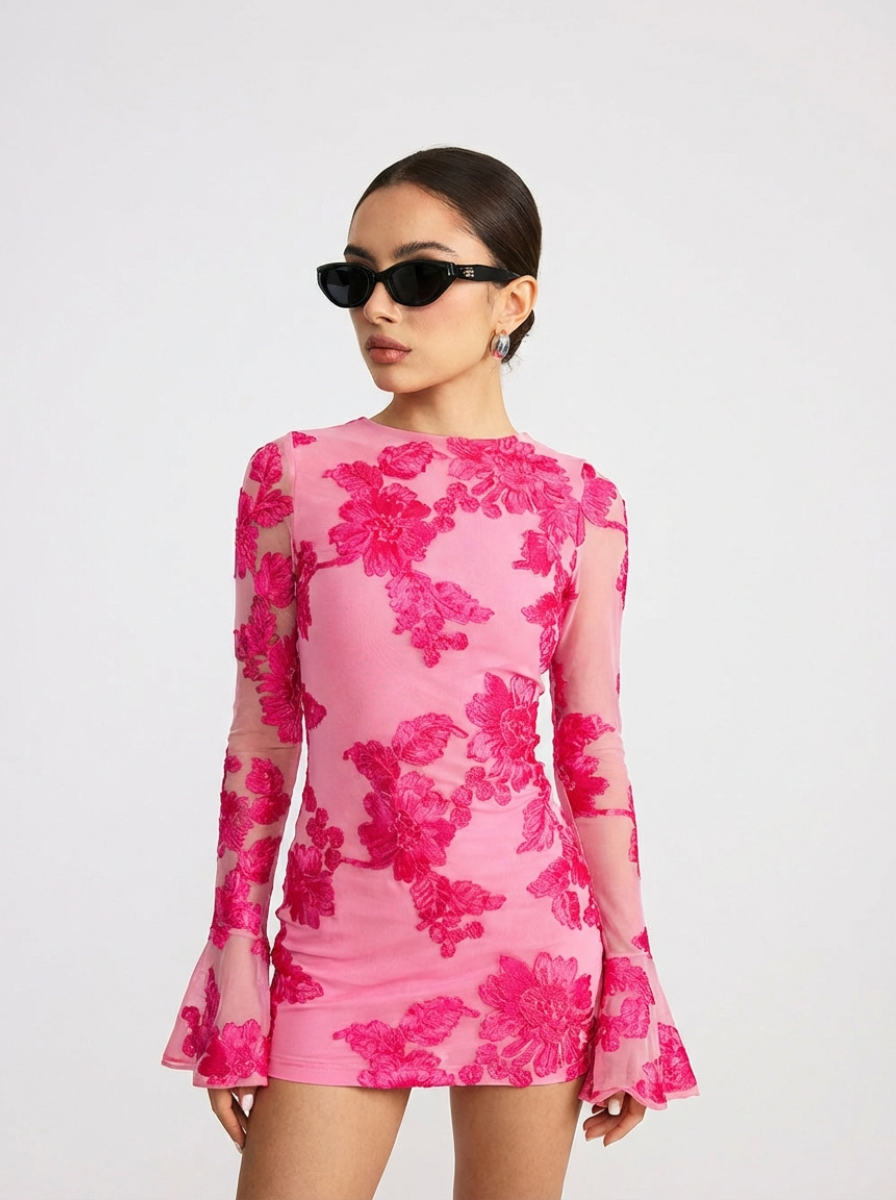 Dimensional Floral Mesh Long Sleeve Dress Gardenia Collection Exclusive Edition