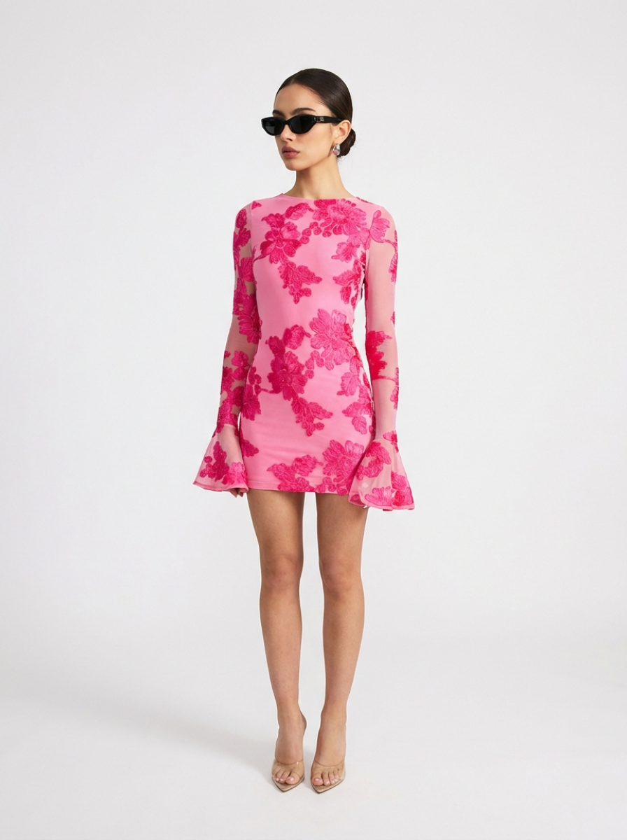 Dimensional Floral Mesh Long Sleeve Dress Gardenia Collection Exclusive Edition