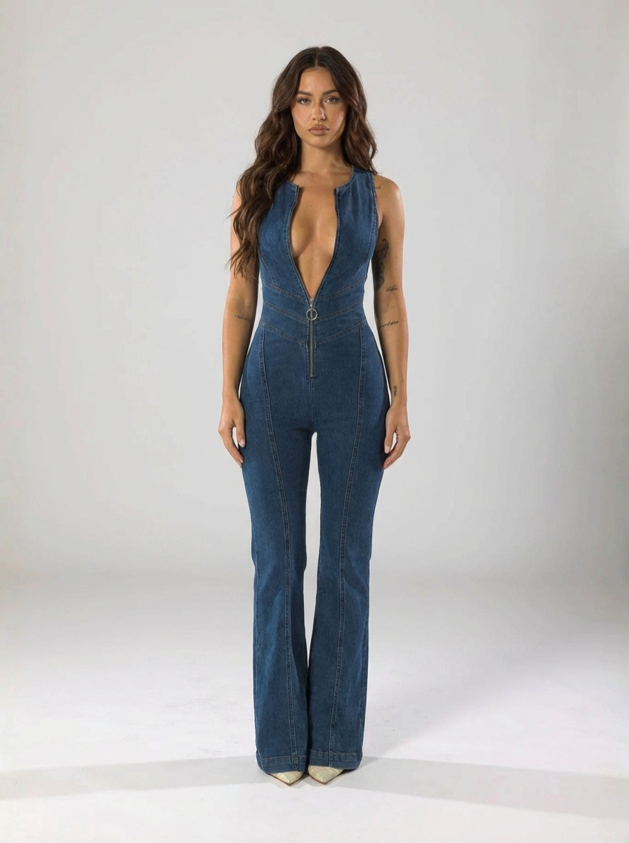 Premium Denim Jumpsuit Heart Back Design Zip Front Limited Edition