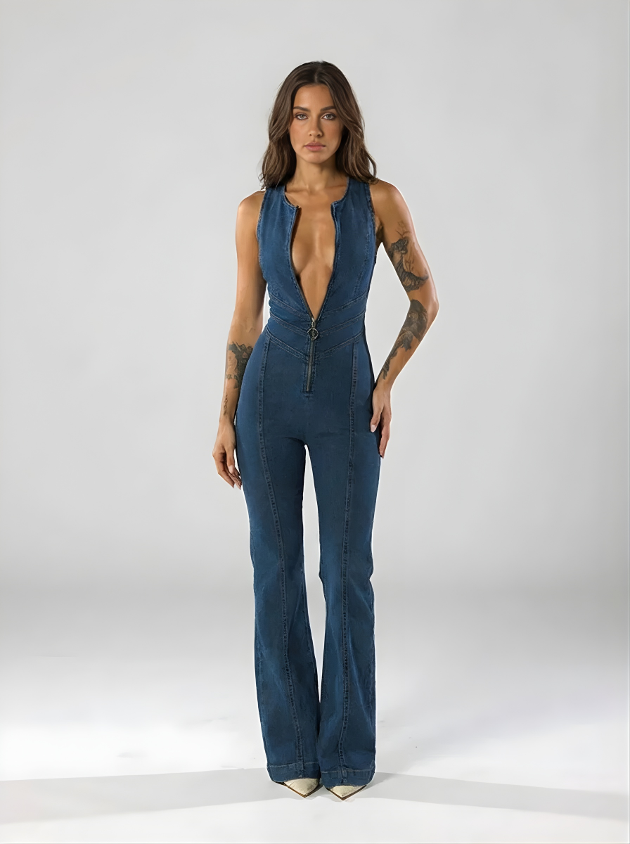 Premium Denim Jumpsuit Heart Back Design Zip Front Limited Edition