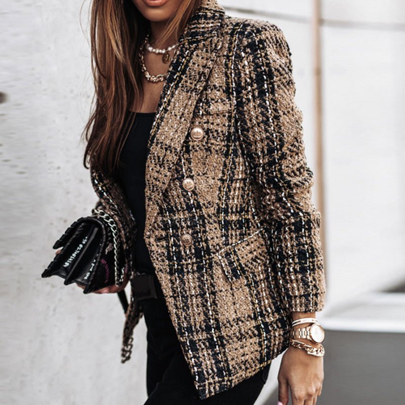 Timeless Women's Checked Blazer with Structured Silhouette and Elegant Pattern Design