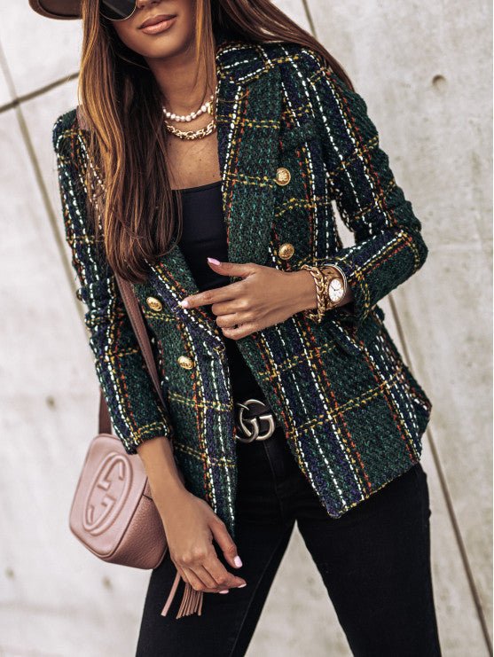 Timeless Women's Checked Blazer with Structured Silhouette and Elegant Pattern Design