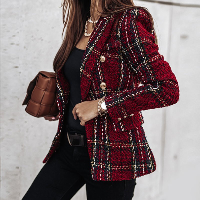 Timeless Women's Checked Blazer with Structured Silhouette and Elegant Pattern Design