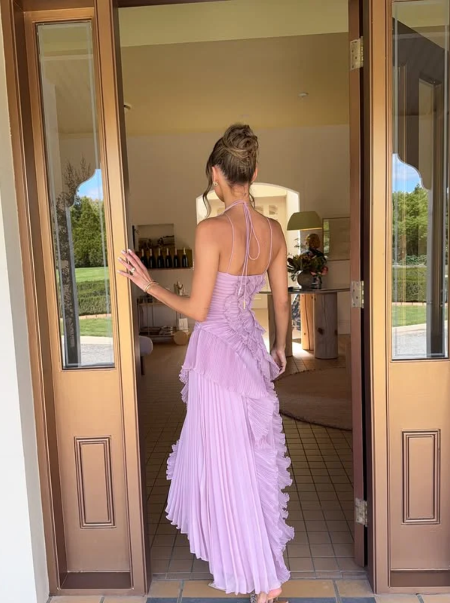 Pink Ruffle Pleated Maxi Dress Exclusive Romantic Evening Collection