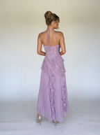 Pink Ruffle Pleated Maxi Dress Exclusive Romantic Evening Collection