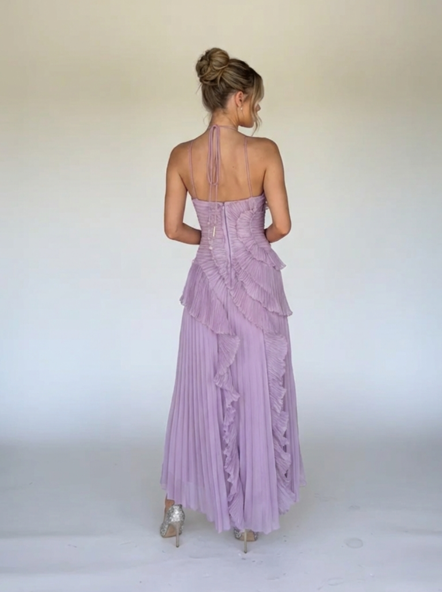 Pink Ruffle Pleated Maxi Dress Exclusive Romantic Evening Collection