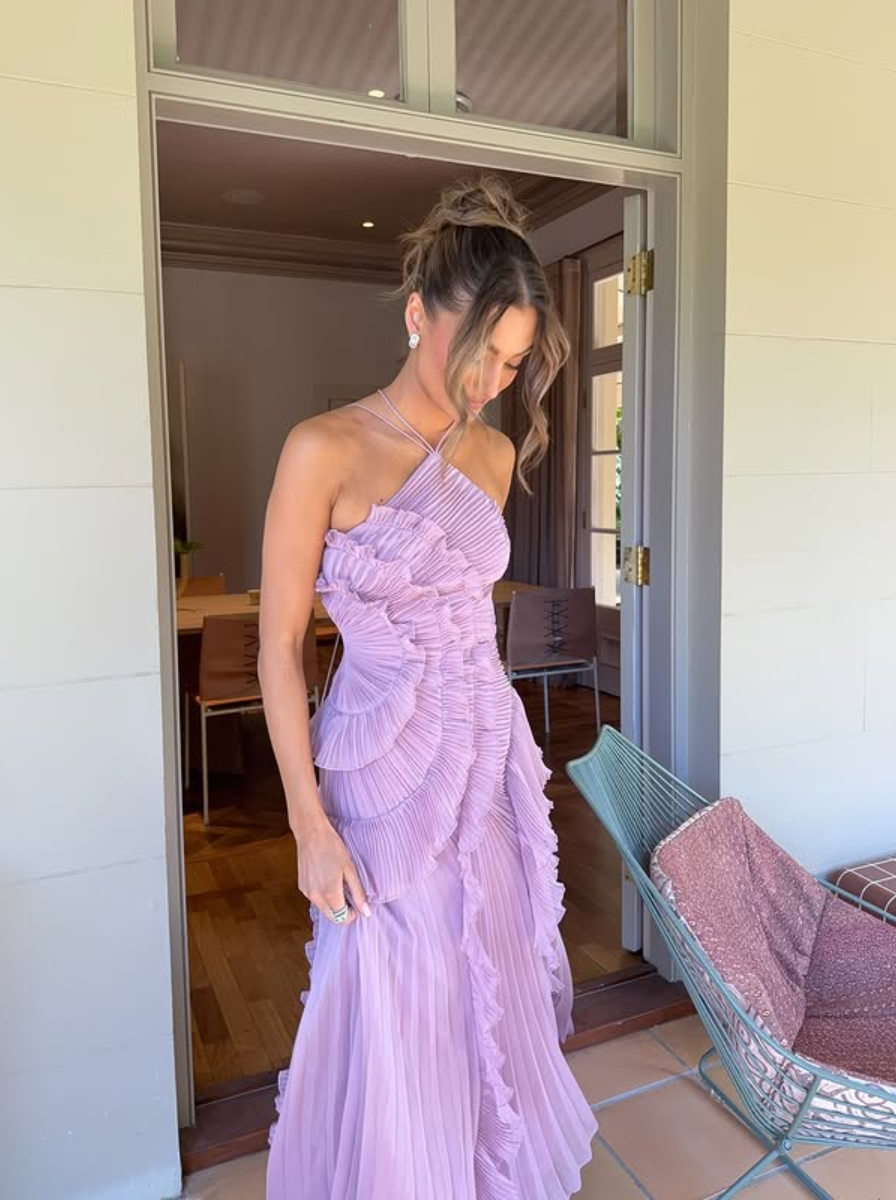 Pink Ruffle Pleated Maxi Dress Exclusive Romantic Evening Collection