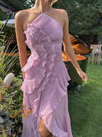 Pink Ruffle Pleated Maxi Dress Exclusive Romantic Evening Collection