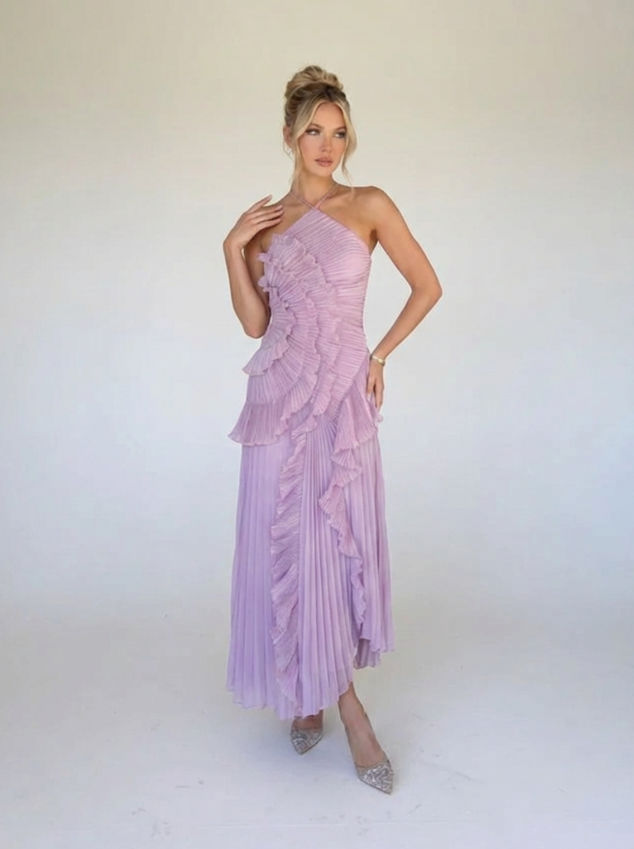 Pink Ruffle Pleated Maxi Dress Exclusive Romantic Evening Collection